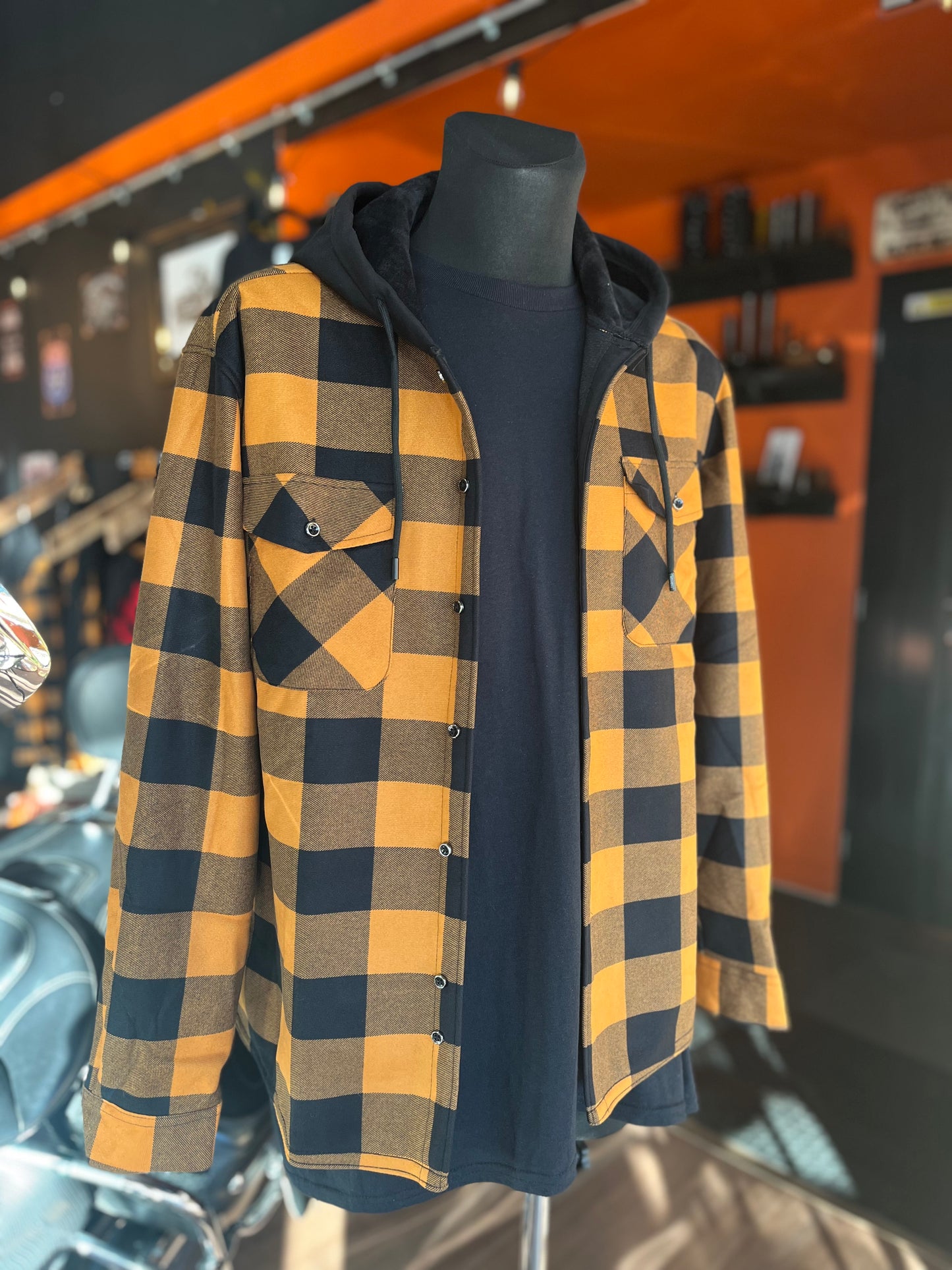 Orange hooded flannel overshirt