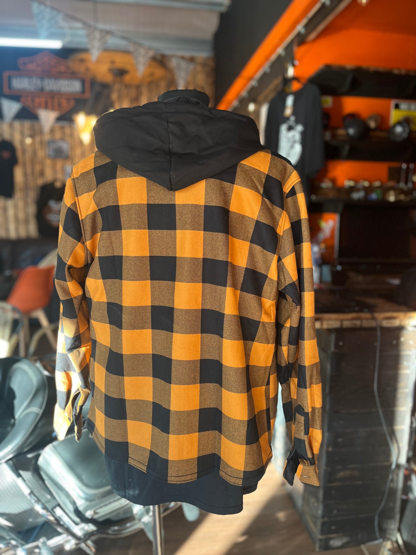 Orange hooded flannel overshirt