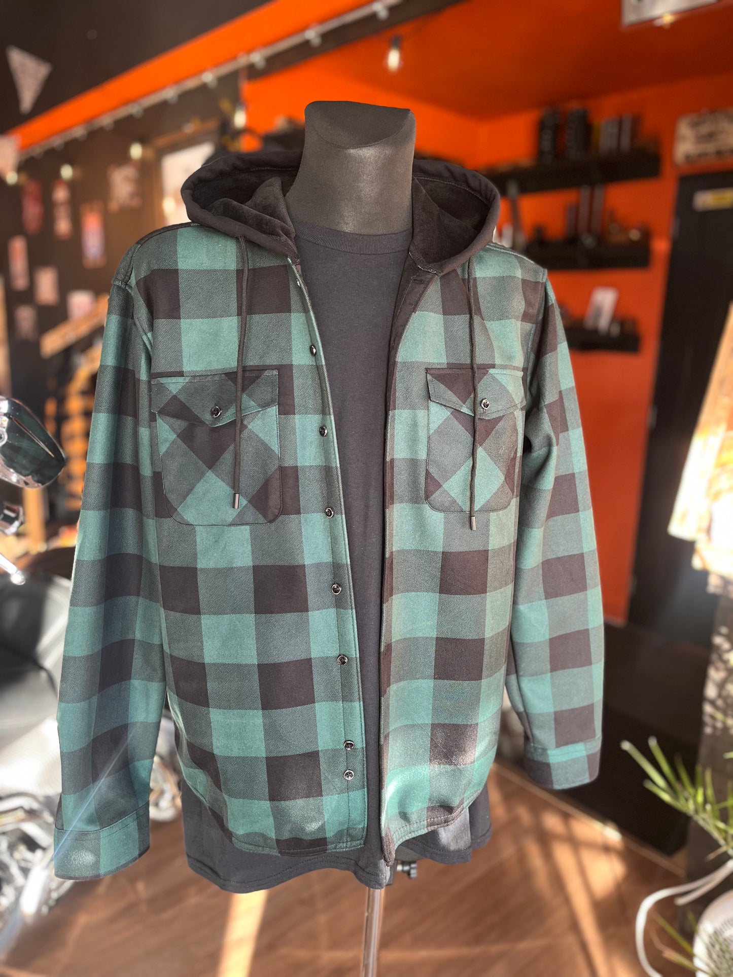 Green hooded flannel overshirt