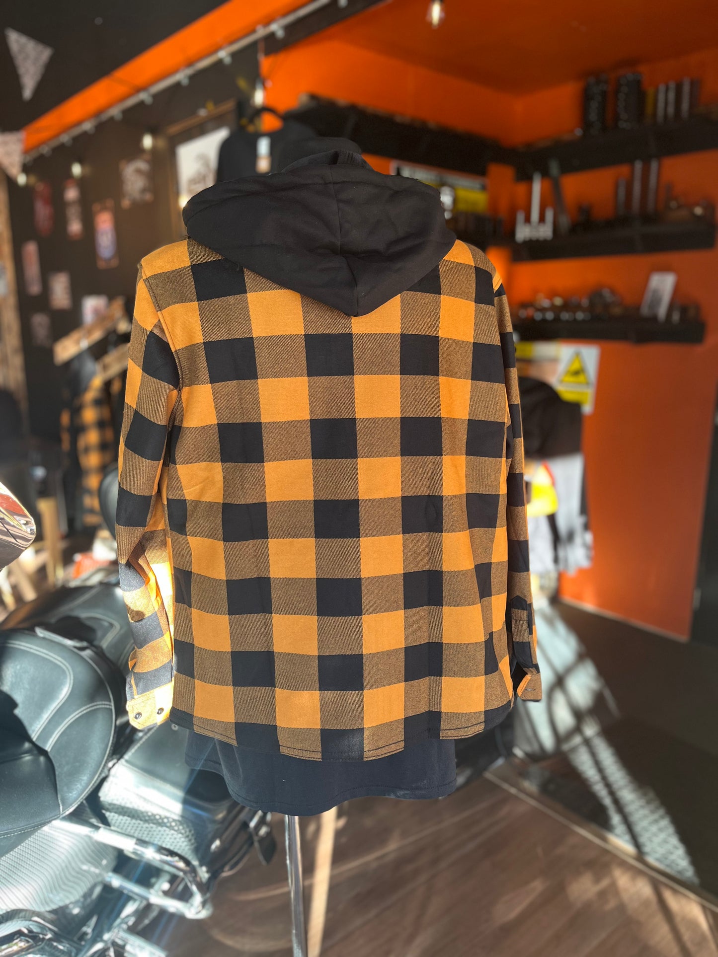 Orange hooded flannel overshirt