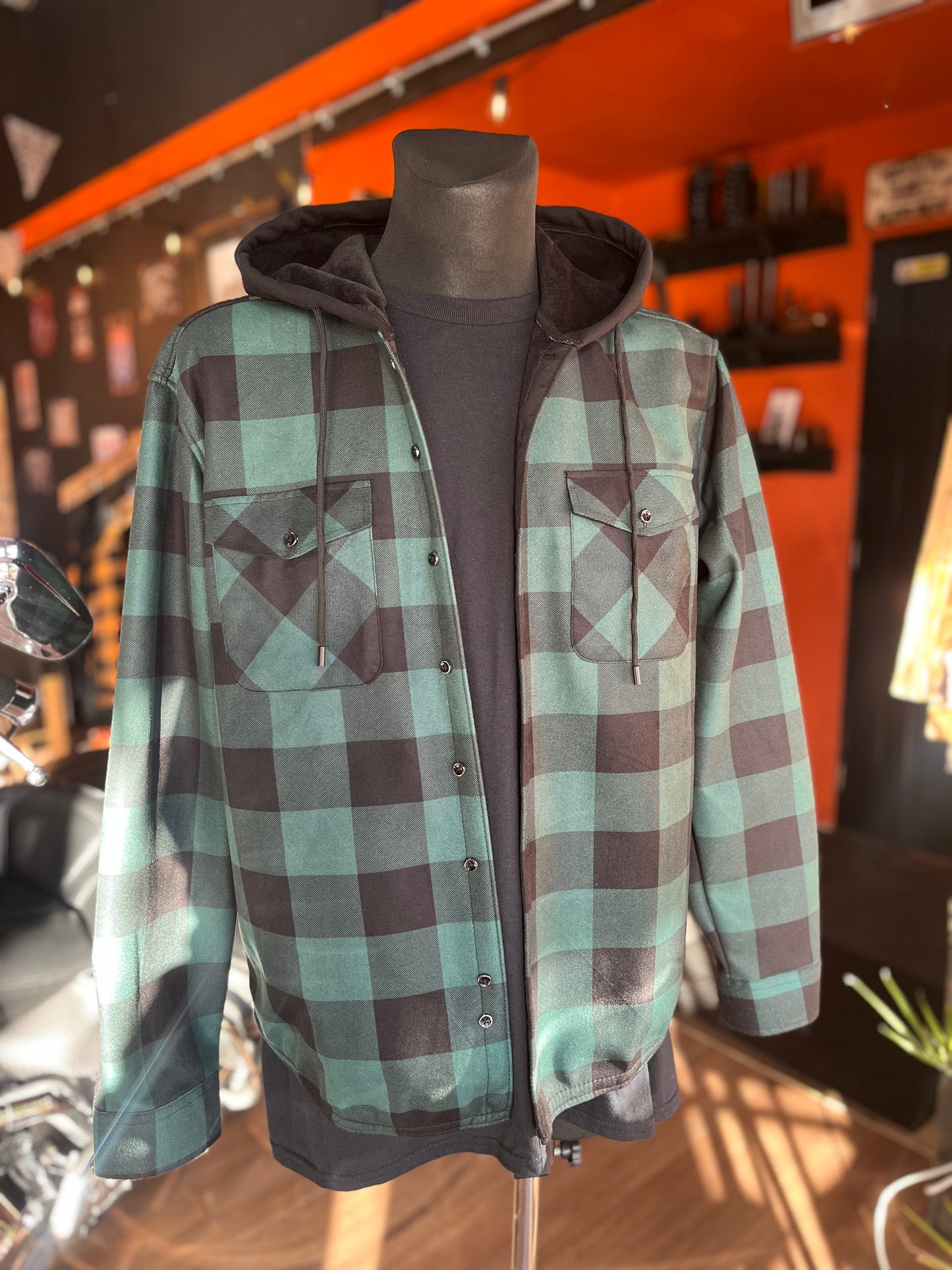 Green hooded flannel overshirt