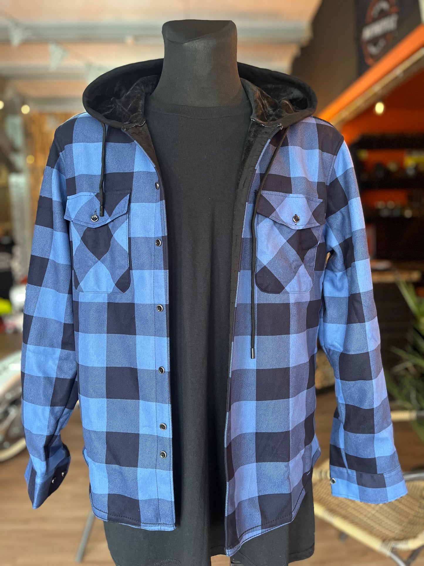 Blue hooded flannel overshirt