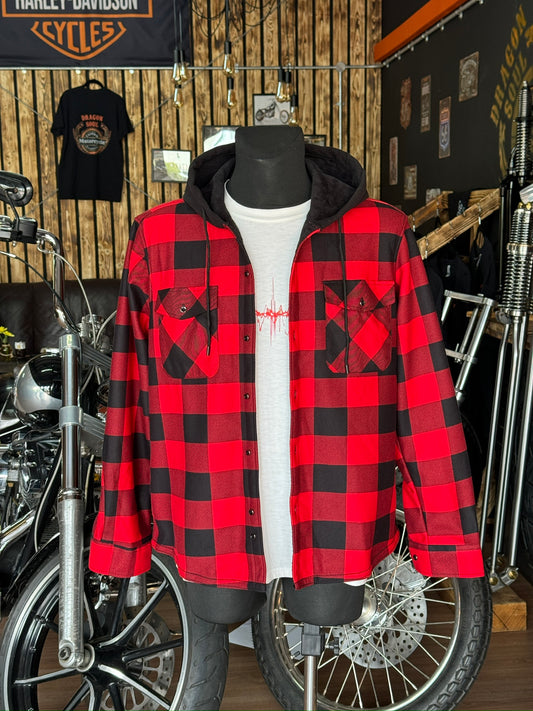 Red hooded flannel overshirt