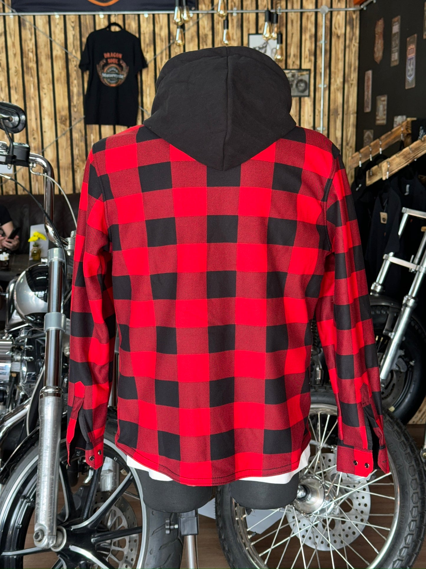 Red hooded flannel overshirt