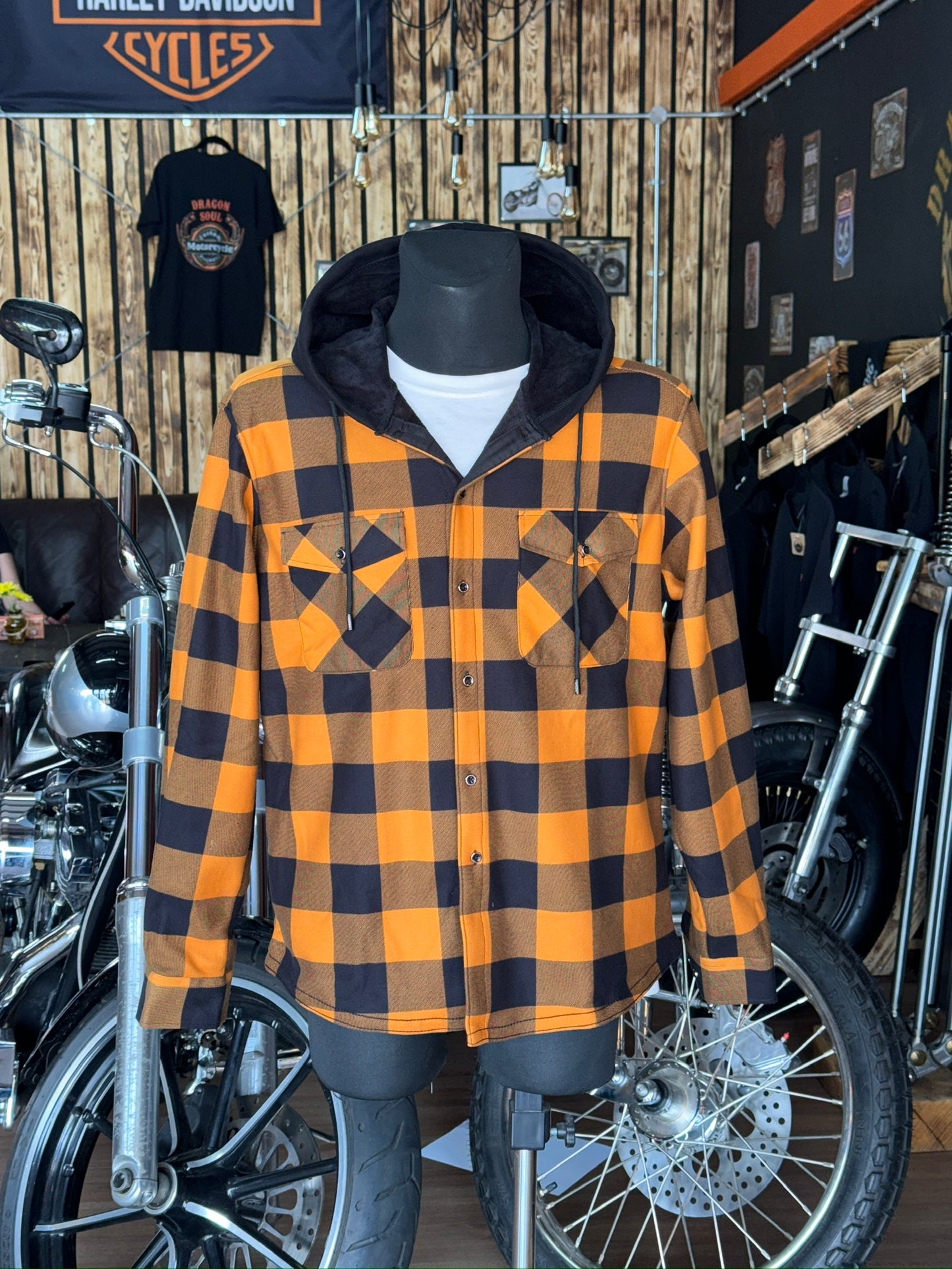 Orange hooded flannel overshirt